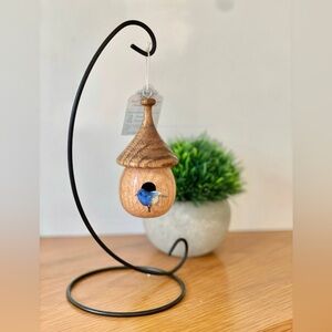Decorative Wooden birdhouse with miniature blue bird and stand, Desktop decor